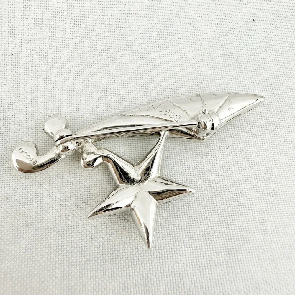Vintage Signed Bogoff Brooch Pin Rhinestone Star Rainbow OES Silver Tone Retro